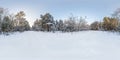 Winter full spherical hdri panorama 360 degrees angle view on path  in snowy pinery forest  in equirectangular projection. VR AR Royalty Free Stock Photo