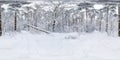 Winter full spherical hdri panorama 360 degrees angle view on path in snowy pinery forest in equirectangular projection. VR AR