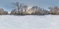 Winter full spherical hdri panorama 360 degrees angle view on path in snowy pinery forest in equirectangular projection. VR AR