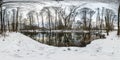 Winter full spherical hdri panorama 360 degrees angle view road in a snowy forest near river with gray pale sky in equirectangular Royalty Free Stock Photo