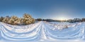 Winter full spherical hdri panorama 360 degrees angle view on snowdrift path in snowy pinery forest in equirectangular projection