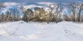 Winter full spherical hdri panorama 360 degrees angle view in snowy pinery forest with blue sky and sunny evening in Royalty Free Stock Photo