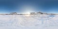 Winter full spherical seamless panorama 360 degrees angle view snow covered deserted beach with gazebos near lake in snowy park