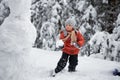 Winter fun. the boy sculpts the snowman.