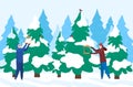 Winter fun, kids make nesting box, snow tree, birds eat, cold season, girl feeds, design, cartoon style vector