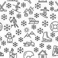 Winter fun seamless pattern with flat line icons. Vector illustration ski resort symbols on white background included