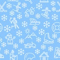 Winter fun seamless pattern with flat line icons white color. Vector illustration ski resort symbols on blue background