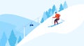 Winter fun, skiing snow, sport skier, boy skiing outdoors, cold outwardly, happy person, design, cartoon style vector