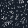 Winter Fun Sports, Activities and Accessories Hand-Drawn Notebook Doodles seamless pattern with Sled, Skis, Skates Royalty Free Stock Photo