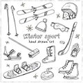 Winter Fun Sports, Activities and Accessories Hand-Drawn Notebook Doodles Set with Sled, Skis, Skates, Snowboard