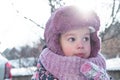 Winter, games, family, childhood concepts - close-up portrait authentic little preschool minor 3-4 years girl in pink Royalty Free Stock Photo