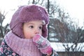 Winter, games, family, childhood concepts - close-up portrait authentic little preschool minor 3-4 years girl in pink Royalty Free Stock Photo