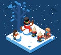 Winter games isometric kids making snowman snowball winter playing sleigh snow background flat design vector