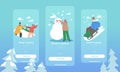 Winter Games Mobile App Page Onboard Screen Template. Happy Kids Making Snowman, Playing Snowballs and Sliding Royalty Free Stock Photo