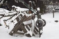 Winter garden covered with snow, small carriage Royalty Free Stock Photo