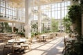 Winter garden or large greenhouse with panoramic windows and natural sunlight, for hosting large events such as a