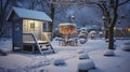 A Winter Garden\'s Tranquil Transition into a Snow-Blanketed Play Area at Night