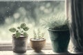 Winter garden on the window in winter. Growing medicinal herbs in pots at home to prepare warming medicinal tea Royalty Free Stock Photo