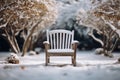 Winter gardens wooden chair in a serene, blurred wintry backdrop