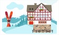 Winter Germany house in a cozy snowy panorama. Winter village landscape with skis. Royalty Free Stock Photo