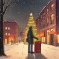 Winter Gift Giving: Person Holding a Gift Box on Snowy Street with Christmas Tree and Lights in Background Royalty Free Stock Photo