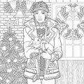 Winter girl adult coloring book page Royalty Free Stock Photo