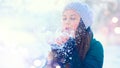 Winter girl portrait. Beauty joyful model girl blowing snow, having fun in winter park. Beautiful young woman enjoying nature Royalty Free Stock Photo