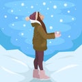 Winter. Girl student catches snowflakes. Vector illustration