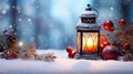 Winter Glow Christmas Lantern on Snow with Fir Branch in the Sunlight - Captivating Winter Decoration Background, created with Royalty Free Stock Photo