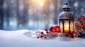 Winter Glow Christmas Lantern on Snow with Fir Branch in the Sunlight - Captivating Winter Decoration Background, created with Royalty Free Stock Photo