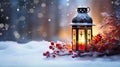 Winter Glow Christmas Lantern on Snow with Fir Branch in the Sunlight - Captivating Winter Decoration Background, created with Royalty Free Stock Photo