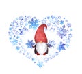 Winter gnome with snowflakes in hands in snow heart. Watercolor cute christmas dwarf