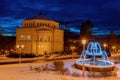 Winter and Goethe Square in Marianske Lazne (Marienbad) Church and fountain under snow Royalty Free Stock Photo