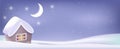 Winter gorizontal landscape with small house, moon and stars on blue background. Christmas , New Year vector banner