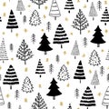 Winter graphic seamless pattern with christmas trees in black on white background and gold stars Royalty Free Stock Photo