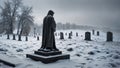 Graveyard at Wintertime Prayer Statue in Northern Ireland Cemetery Sad Poetic Imagery for Bereavement and Loss