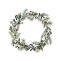 Winter greenery wreath. Christmas overlay design. Watercolor greenery, leaves, berries isolated on white background. Illustration Royalty Free Stock Photo