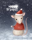 Winter greeting card with little mouse, holiday illustration in watercolor stile with cartoon character Royalty Free Stock Photo