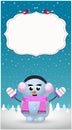 Winter greeting card template with smiling cartoon snowgirl