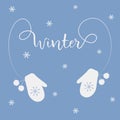 Winter greeting card. Two white mittens with pompoms and the text `Winter`