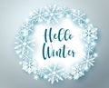 Winter greeting in circle frame vector banner template. Hello winter text with snowflakes and star elements. Royalty Free Stock Photo