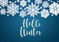 Winter greeting vector background. Hello winter text with paper cut snowflakes and star elements. Royalty Free Stock Photo
