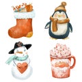 Winter greetings set of christmas sock, penguin, snowman, hot drink