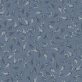 Winter Grey Garden Sprig Seamless Pattern. Tossed Hand Drawn Flower Seed Stem for Trendy Background. Steel Gray Cool Blue Muted