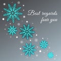 Winter grey greeting card with snowflakes and glowing dots. Vector design of modern holidays background