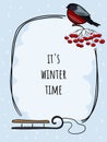 Winter hand drawn bright vector illustration, postcard with bullfinch bird, sleigh and viburnum bunch