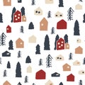 Winter hand drawn modern houses, Christmas trees elements on seamless repeat pattern for cozy Christmas time. Vector illustration Royalty Free Stock Photo