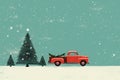 Winter happy celebration snow car background red tree christmas holiday merry card Royalty Free Stock Photo