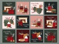 Winter happy holidays bundle set. Cozy vector collection in red and green colors. Greeting postcards. Premade Compositions. Cute