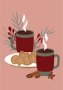 Winter happy holidays. Hot drinks. Cozy vector collection in red and green colors. Winter posters. Ready made Compositions. Cute